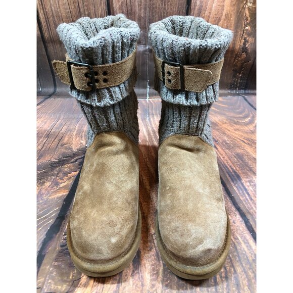 UGG Cambridge Knit Chestnut Suede Belted Boots Sheepskin Womens 7 (p7c) - Picture 3 of 10